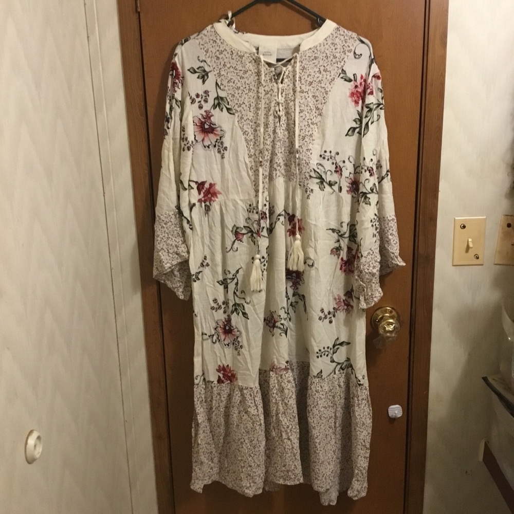 Knox Rose White Floral Flower Lace up Floral Bohemian Hippie Tassel Dress S